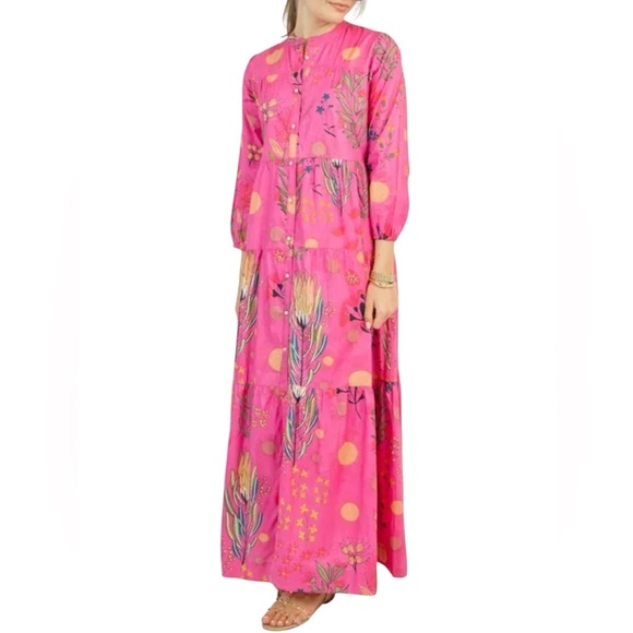 NEW Tiered Boho Maxi Dress with Pockets Fuschia Floral Long Sleeves - Picture 12 of 12